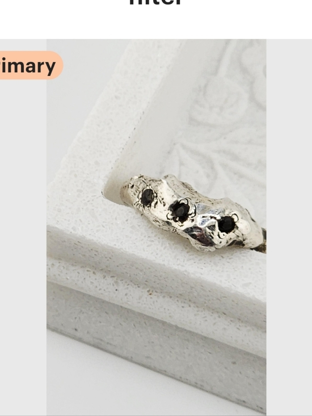 BLACK ZIRCONIA CRYSTAL RING ORGANIC SHAPE HANDMADE STERLING SILVER METAL 4